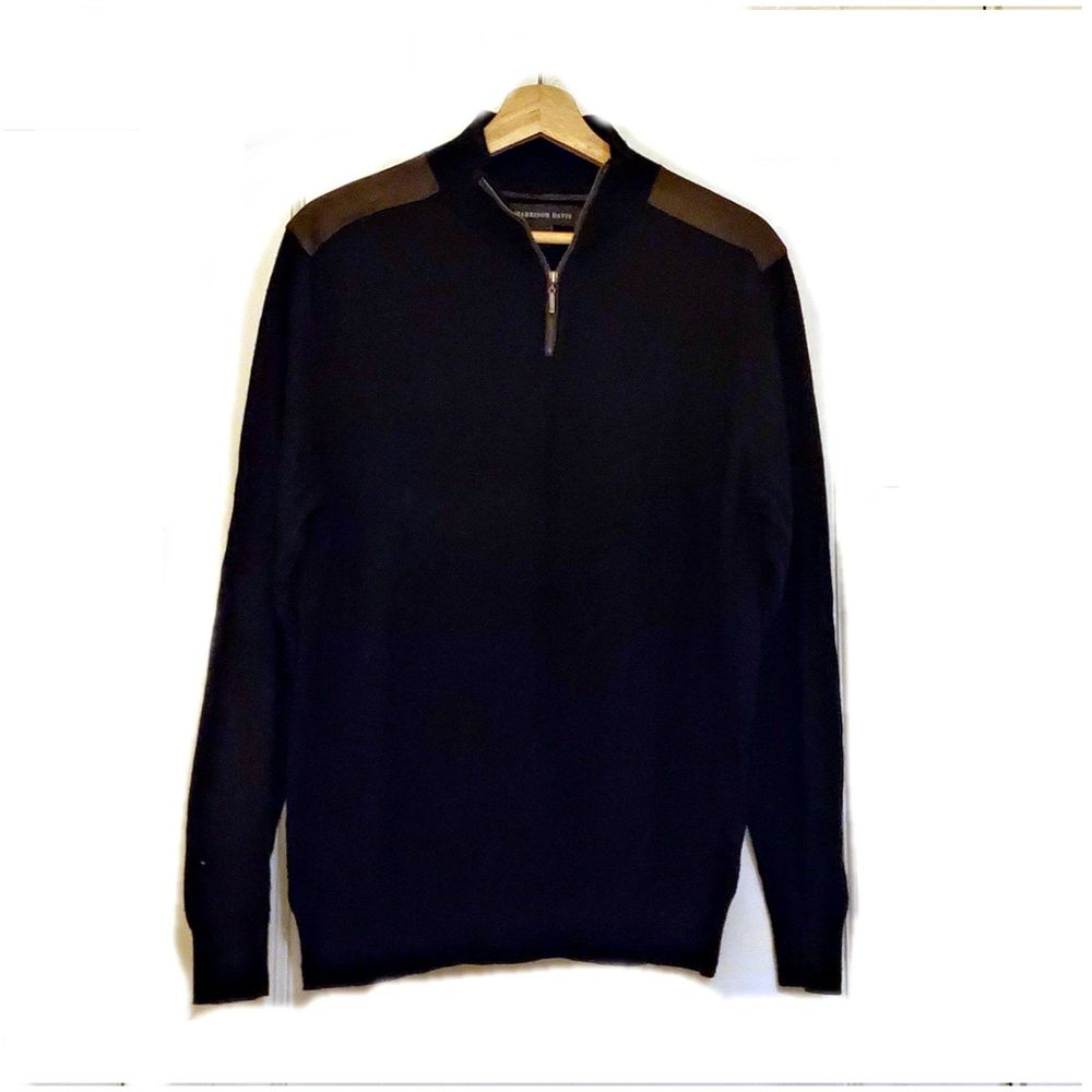 Men's HARRISON DAVIS Navy Blue Wool Brown Suede Zip Sweater Sz L EUC